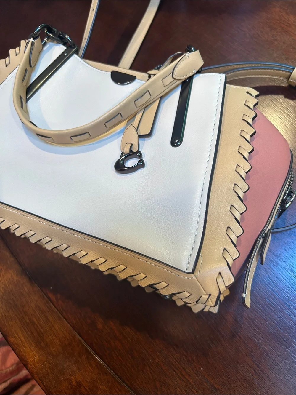 Coach Two-Tone Cream and Pink Leather Satchel with Contrast Trim